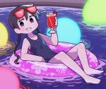  1girl afloat barefoot bendy_straw black_eyes black_hair blue_one-piece_swimsuit cocktail commentary_request cup drink drinking_glass drinking_straw eyewear_on_head flat_chest floating full_body grin hand_up highres holding holding_cup holding_drink inflatable_raft innertube long_hair looking_at_viewer night no_pupils one-piece_swimsuit original pool purple_eyes reclining red-framed_eyewear school_swimsuit smile solo sunglasses swim_ring swimsuit takurada teeth twintails water 