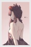  1girl artist_name back bare_back blunt_bangs border braid braided_base breasts bun_with_braided_base commentary double_bun faceless faceless_male facing_back flower from_behind hair_bun hair_flower hair_ornament highres hololive hololive_english instagram_username lok_ng_draw long_hair long_sidelocks median_furrow medium_breasts ninomae_ina'nis pink_background purple_hair shoulder_blades sideboob sidelocks solo twitter_username upper_body virtual_youtuber white_border 