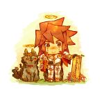  1boy :> armor black_fur black_gloves breastplate brown_hair chibi chibi_only collar commentary_request facing_viewer flower full_body gloves grass greaves grey_fur grey_pants halo hrothgar_(sekaiju) kurogane_(sekaiju) long_hair looking_at_object male_focus motimamire pants pauldrons red_collar sabaton sekaiju_no_meikyuu sekaiju_no_meikyuu_2 shoulder_armor sitting smile spiked_hair split_mouth tombstone translation_request two-tone_fur white_background wolf yellow_halo 