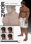  1boy absurdres beard brown_hair character_name chest_hair closed_mouth commentary_request degrees_of_lewdity eden_(degrees_of_lewdity) eden_(male)_(degrees_of_lewdity) facial_hair highres holding holding_towel hyuum0n male_focus multiple_expressions muscular muscular_male naked_towel navel nipples open_mouth pectorals scar scar_on_chest smile solo towel 