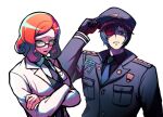 1boy 1girl aged_up black_gloves black_necktie black_shirt blue_hair blue_necktie closed_mouth collared_coat collared_jacket collared_shirt commentary_request curly_hair danganronpa_(series) danganronpa_another danganronpa_another:_another_despair_academy glasses gloves glowing glowing_eye hair_between_eyes hand_on_headwear hand_on_own_hat hat highres holding jacket kinjou_tsurugi korean_commentary lapels layered_sleeves light_frown long_sleeves mekaru_rei necktie notched_lapels open_mouth orange_eyes orange_hair pock5766 police police_hat police_uniform red_eyes ringed_eyes shirt short_hair simple_background striped_clothes striped_shirt super_danganronpa_another_2 sweat v-neck white_background white_shirt yellow_eyes 