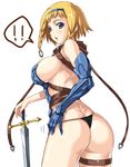  1girl armor ass belt bikini_armor blonde_hair blue_eyes blush braid breasts buckle gauntlets hairband highres large_breasts leina panties queen's_blade shibayuki side_braid sideboob solo strap sword thigh_strap thighs thong twin_braids underwear weapon 