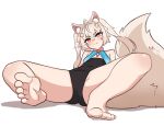  1girl absurdres animal_ear_fluff animal_ears bandaid bandaid_on_face bandaid_on_nose barefoot bell black_leotard blonde_hair collar cross_hair_ornament feet flat_chest fluffy_tail fox_ears fox_girl fox_tail hair_ornament highres indie_virtual_youtuber leotard looking_at_viewer neck_bell pink_collar shirahiko_(vtuber) solo spread_legs tail thighs toes twintails virtual_youtuber white_background yuusachii 