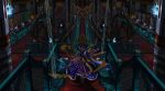  1girl absurdres alternate_costume armor blue_eyes blue_fire boots closed_mouth commentary dress epaulettes eye_trail fire frilled_dress frilled_hat frills full_body gauntlets hat heterochromia highres holding holding_sword holding_weapon indoors katana light_trail looking_at_viewer polearm purple_dress purple_hat red_eyes ribbon-trimmed_dress ribbon-trimmed_sleeves ribbon_trim rod_of_remorse shiki_eiki shoulder_armor siddham smile solo stairs statue sword symmetry touhou water weapon white_boots wide_sleeves zhongxia_ye_zhi_meng 