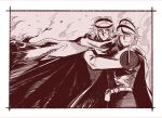  2boys ahoge aotsuki_eito belt cape cloak diymivokin eyeliner gakuran glasses headgear holding holding_sword holding_weapon jacket last_defense_academy_school_uniform looking_at_viewer makeup male_focus monochrome multicolored_hair multiple_boys pointing_melee_weapon red_eyeliner school_uniform sepia short_hair spot_color streaked_hair sumino_takumi sword the_hundred_line_-last_defense_academy- weapon 