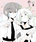  2girls :3 absurdres bang_dream! bang_dream!_it's_mygo!!!!! black_necktie blue_eyes brown_eyes closed_mouth commentary_request drawn_ears drawn_tail drawn_whiskers ear_piercing grey_hair heterochromia highres kaname_raana korean_commentary kudo_404nf long_sleeves multiple_girls necktie off_shoulder piercing reference_inset shirt short_hair short_sleeves single_off_shoulder sweatdrop takamatsu_tomori white_hair white_shirt yellow_eyes 