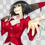  bad_id bad_pixiv_id black_hair blood breasts cleavage copyright_request evil_grin evil_smile grin jacket large_breasts oriental_umbrella plaid sharp_teeth smile solo teeth teriyaki umbrella 