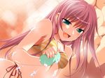  bikini blush fang game_cg green_eyes hinohoshi_ataru long_hair natsusaka_haruru o-ring o-ring_bottom open_mouth otouto_wo_aishiteyamanai_ane_aruiha_oniichan_ga_daisukikko_na_imouto_tono_taboo_na_kankei pink_hair side-tie_bikini soap solo sponge swimsuit 