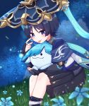  1boy :p akanbe animal_print aranara_(genshin_impact) ararycan_(genshin_impact) armor belt bird_print black_belt black_bodysuit black_bridal_gauntlets black_shorts blue_cape blue_flower blue_hat blue_jingasa blue_rope blue_sash blue_sleeves blunt_ends bodysuit bridal_gauntlets bright_pupils cape choppy_bangs creature eyelid_pull eyeliner finger_to_eye fingernails fireflies flower furisode genshin_impact gold gold_ring grass hakama hakama_shorts hand_up hat highres holding holding_creature japanese_armor japanese_clothes jingasa kimono kote kurokote layered_sleeves looking_at_creature makeup makoto_774 male_focus mandarin_collar middle_ring night outdoors pleated_shorts purple_eyes red_eyeliner rope sash scaramouche_(genshin_impact) short_sleeves shorts side_cape sitting sky star_(sky) starry_sky tongue tongue_out wanderer_(genshin_impact) white_kimono white_pupils white_sleeves white_trim 