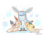  asakoline closed_eyes closed_mouth commentary_request eevee glaceon lying no_humans open_mouth pikachu pokemon pokemon_(creature) pokemon_focus sidelocks sitting smile snowflakes sparkle twitter_username white_background 