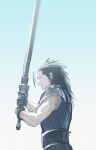  1boy absurdres armor black_gloves black_hair blue_sky buster_sword chankirankachan closed_eyes closed_mouth commentary_request crisis_core:_final_fantasy_vii cross_scar final_fantasy final_fantasy_vii from_side gloves gradient_background highres holding holding_sword holding_weapon male_focus medium_hair outdoors profile ribbed_sweater scar scar_on_cheek scar_on_face shoulder_armor sky sleeveless sleeveless_sweater sleeveless_turtleneck solo spiked_hair suspenders sweater sword turtleneck turtleneck_sweater weapon zack_fair 