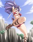  ankle_lace-up athena_(series) attack bikini breasts cameltoe cleavage cloud cross-laced_footwear day large_breasts long_hair open_mouth princess_athena purple_eyes purple_hair red_bikini sandals side-tie_bikini snk solo swimsuit sword tonpuu underboob weapon 