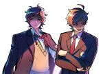  2boys ahoge blazer brown_eyes closed_mouth collared_jacket collared_shirt commentary_request danganronpa_(series) danganronpa_another expressionless highres jacket korean_commentary long_sleeves maeda_yuki messy_hair multiple_boys necktie open_mouth orange_hair parted_lips pock5766 red_necktie shirt short_hair simple_background super_danganronpa_another_2 sweater_vest undone_necktie utsuro_(danganronpa_another) v-neck vest white_shirt 