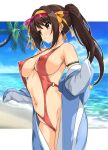  1girl alternate_hair_length_(longer) animal_costume armlet beach blue_sky breasts brown_eyes brown_hair collarbone commentary_request cosplay covered_nipples day from_side goddess_of_victory:_nikke hair_ribbon hairband haruhisky highres jewelry large_breasts long_hair marciana_(marine_study)_(nikke) marciana_(nikke) marciana_(nikke)_(cosplay) navel official_alternate_hairstyle outdoors palm_tree penguin_costume ponytail red_slingshot_swimsuit red_visor_cap ribbon sky slingshot_swimsuit solo standing stomach suzumiya_haruhi suzumiya_haruhi_no_yuuutsu swimsuit tree visor_cap yellow_hairband yellow_ribbon 