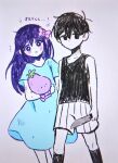  1boy 1girl antenna_hair aubrey_(headspace)_(omori) aubrey_(omori) black_eyes black_hair black_socks black_tank_top blue_shirt blush bow bright_pupils closed_mouth collarbone colored_skin commentary double-parted_bangs expressionless geldslzcyf59548 grey_background hair_between_eyes hair_bow highres holding holding_knife holding_stuffed_toy kneehighs knife long_hair long_shirt looking_at_viewer mr._plantegg_(omori) omori omori_(omori) parted_lips pink_bow purple_eyes purple_hair shirt short_hair short_sleeves shorts sidelocks simple_background socks striped_clothes striped_shorts stuffed_eggplant stuffed_toy t-shirt tank_top tearing_up translation_request untranslatable_commentary vertical-striped_clothes vertical-striped_shorts white_pupils white_shorts white_skin 