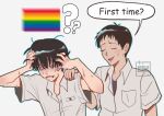  2boys ? ?? artist_name black_hair closed_eyes collared_shirt commentary confused constricted_pupils crossover english_commentary english_text frown hand_on_another's_shoulder hands_on_own_head highres hikaru_ga_shinda_natsu ikari_shinji ireleglitter loose_hair_strand male_focus multiple_boys neon_genesis_evangelion nervous_sweating open_mouth rainbow_flag shirt short_sleeves smile speech_bubble sweat sweatdrop tsujinaka_yoshiki watermark white_shirt 