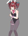 1girl ahoge animal_ear_hairband animal_ears ass_visible_through_thighs bare_shoulders black_bow black_leotard blush bow bowtie breasts brown_pantyhose clothing_cutout commentary cutout_above_navel detached_collar disgust drill_hair fake_animal_ears feet_out_of_frame grey_background hair_bow hair_ornament hairband hand_up highres kasane_teto kynation leotard mask mask_pull mouth_mask necktie pantyhose pink_bow pink_bowtie playboy_bunny rabbit_ear_hairband rabbit_ears rabbit_hole_(vocaloid) red_eyes red_hair short_necktie simple_background small_breasts solo surgical_mask thigh_strap twin_drills utau x_hair_ornament 
