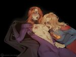  2girls ahageao49 barbara_gordon black_background black_cape blonde_hair blue_eyes blue_shirt blush body_freckles bodysuit breast_sucking breasts brown_eyes cape commentary curtained_hair dc_comics english_commentary freckles highres long_hair long_sleeves looking_at_another medium_breasts multiple_girls navel nipple_indents nipples open_bodysuit open_clothes open_mouth orange_hair purple_bodysuit red_cape red_lips shirt side_part simple_background stomach supergirl watermark wavy_hair wide-eyed yuri 
