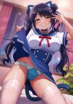  animal_ears blue_choker blue_eyes blue_panties blue_sailor_collar blurry blush bow bowtie breasts cameltoe cat_tail character_request choker clothes_lift commentary_request condom fake_animal_ears fake_tail green_eyes hair_bun hair_ornament hairclip heart heterochromia holding holding_condom holding_own_skirt indoors kneeling large_breasts lifting_own_clothes looking_at_viewer love_hotel no_shoes on_bed panties red_bow red_bowtie sailor_collar sasachin_(k+w) shirt short_sleeves skirt skirt_lift smikle smile tail teeth thighhighs thighs twintails underwear white_thighhighs window 