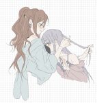  2girls bang_dream! bang_dream!_girls_band_party! between_breasts black_camisole blue_hoodie blush breasts brown_hair brown_shirt camisole commentary cropped_torso earrings face_between_breasts grey_hair grid_background hand_in_another's_hair head_between_breasts highres holding holding_pen hood hoodie imai_lisa jewelry long_hair minato_yukina multiple_girls parted_lips pen ponytail purple_camisole sasagawa_yuki shirt upper_body yuri 