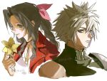  1boy 1girl aerith_gainsborough armor black_shirt blonde_hair blue_eyes braid braided_ponytail brown_hair byo_rk choker closed_mouth cloud_strife dress final_fantasy final_fantasy_vii flower flower_choker green_eyes hair_between_eyes hair_ribbon holding holding_flower jacket light_smile long_hair parted_bangs pauldrons pink_dress pink_ribbon red_jacket ribbed_shirt ribbon shirt short_hair shoulder_armor sidelocks single_braid single_pauldron sketch sleeveless sleeveless_turtleneck spiked_hair turtleneck twitter_username upper_body white_background yellow_flower 