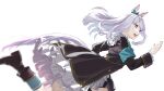  1girl animal_ears armband black_coat black_shoes black_skirt blush bow coat commentary_request from_side green_armband green_bow green_socks highres horse_ears horse_girl horse_tail long_hair mejiro_mcqueen_(frontline_elegance)_(umamusume) mejiro_mcqueen_(umamusume) motion_blur open_mouth purple_eyes purple_hair running shirt shoes simple_background skirt socks solo tail taromarun umamusume white_background white_shirt 