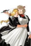  2girls apron arms_around_another's_waist black_dress blonde_hair bow bowtie braid breasts commentary_request cowboy_shot dress dungeon_meshi elf enmaided falin_touden green_eyes hair_ribbon headscarf highres holding holding_plate hug hug_from_behind juliet_sleeves korean_commentary large_breasts long_hair long_sleeves maid maid_apron maid_headdress marcille_donato multiple_girls one_eye_closed orange_eyes parted_bangs parted_lips plate pointy_ears puffy_sleeves red_bow red_bowtie red_ribbon ribbon short_hair single_braid smile teeth white_background white_headscarf white_wrist_cuffs wrist_cuffs yruckld yuri 