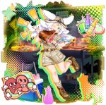  1girl alternate_costume bandana bandana_around_neck belt boned_meat boots bottle brown_belt brown_boots brown_hat brown_shirt brown_shorts brown_socks chicken_(food) colored_tips cooking cup ears_through_headwear fire food full_body game_asset green_eyes grey_hair grill hat highres holding holding_food houjuu_chimi lace-up_boots leg_up looking_at_viewer meat mug multicolored_hair official_art one_eye_closed open_mouth red_bandana ribs_(food) rotte_(1109) shirt short_sleeves shorts simple_background skewer smile socks solo third-party_source tomato touhou touhou_lostword transparent_background 