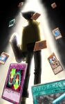  1boy absurdres black_hair bonding_-_h20 card censored censored_identity commentary conduction_warrior_linear_magnum_plus_minus dark duel_disk english_commentary facing_to_the_side feet_out_of_frame floating_card foreshortening from_behind hair_slicked_back head_tilt highres living_fossil magic_cylinder male_focus medium_sideburns misawa_daichi niccon_art_guy perspective pointless_censoring school_uniform short_hair sideburns solo spotlight symbolism water_dragon_(yu-gi-oh!) white_magician_pikeru yu-gi-oh! yu-gi-oh!_gx 