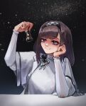  1girl absurdres arknights black_eyes breasts brown_hair chess_piece commentary elbow_rest english_commentary hairband highres holding holding_chess_piece medium_breasts medium_hair ofallx priestess_(arknights) smile solo 
