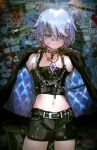  1girl absurdres advarcher bandaid bandaid_on_face bandaid_on_nose bandaid_on_shoulder belt black_belt black_choker black_jacket black_shorts blue_jacket breasts choker colored_inner_hair commentary crop_top english_commentary gem grey_hair highres hololive hololive_english jacket jewel_under_eye koseki_bijou long_hair looking_at_viewer midriff multicolored_hair navel open_clothes open_jacket pink_hair purple_eyes purple_hair shorts solo virtual_youtuber 