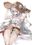  1girl arknights bow breasts brown_shorts cleavage clothing_request cowboy_shot frown hand_on_own_hat hat hat_bow highres large_breasts long_hair looking_at_viewer muki_(muki_kunxd) red_eyes shorts sidelocks simple_background skadi_(arknights) solo straw_hat very_long_hair white_background white_bow white_hair white_shorts 