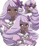  1girl :o ascot commentary_request crossed_arms dark-skinned_female dark_skin dress fascinator frilled_ascot frills gloves gold_bow highres jacinthe_(pokemon) juliet_sleeves kino_haruc long_hair long_sleeves looking_at_viewer low_drills mega_stone multiple_views open_mouth pokemon pokemon_legends:_z-a puffy_sleeves purple_dress purple_eyes purple_hair simple_background solo upper_body very_dark_skin white_ascot white_background white_gloves 