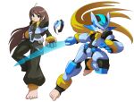  1girl 1other aile_(mega_man_zx) alternate_costume anklet armor baggy_pants barefoot black_bodysuit black_pants blonde_hair blue_eyes bodysuit bracelet brown_hair commentary energy_sword english_commentary fingerless_gloves gloves green_eyes helmet highres jacket jewelry long_hair looking_at_viewer mega_man_(series) mega_man_zx mega_man_zx_advent model_z_(mega_man) pants pouch short-sleeved_jacket short_sleeves sword toeless_legwear ultimatemaverickx weapon 