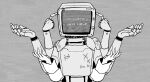  1girl 1other behind_another bodypaint commentary cytus cytus_ii echo_(vocaloid) english_text greyscale highres humanoid_robot joints long_sleeves monitor_head monochrome nora_(cytus) primadonna_(echo) robo_head_(cytus) robot robot_joints static thy_tin upper_body vocaloid 