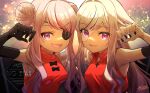  2girls :d ado_(utaite) armpits artist_name bare_shoulders black_bow black_gloves blonde_hair blue_hair blue_nails bow braid braided_base braided_bun breasts bun_with_braided_base chinese_clothes claw_pose commentary cropped_shirt double_bun dress dress_bow elbow_gloves eyepatch fang gloves hair_bun hair_flaps hair_intakes hand_up highres himehina_channel holding_hands interlocked_fingers kisuke_(nie) long_hair long_sidelocks looking_at_viewer multicolored_hair multiple_girls nail_polish open_mouth pink_hair purple_eyes qipao red_dress red_hair red_shirt shirt show_(ado) sidelocks signature single_claw_pose sleeveless sleeveless_dress sleeveless_shirt small_breasts smile streaked_hair suzuki_hina swept_bangs tanaka_hime upper_body virtual_youtuber watermark 