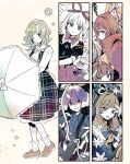  5girls ascot black_shirt blue_bow blue_dress bow bowtie cloak closed_mouth commentary_request disembodied_head dress falling_leaves flower flower_on_head full_body green_hair hair_bow hair_ribbon highres holding holding_umbrella kagiyama_hina kazami_yuuka leaf lily_of_the_valley loafers lobelia_(flower) long_sleeves looking_at_viewer maple_leaf medicine_melancholy mozukuzu_(manukedori) multiple_girls one_eye_closed open_mouth plaid_clothes plaid_skirt plant purple_flower red_bow red_bowtie red_cloak red_ribbon red_skirt ribbon sekibanki shaded_face shirt shoes skirt smile socks su-san touhou umbrella vines yomotsu_hisami 
