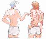  2boys arm_tattoo armlet ayuko_1018 back back_tattoo bite_mark bite_mark_on_back bite_mark_on_leg bite_mark_on_neck bite_mark_on_shoulder black_choker blonde_hair blue_hair chest_tattoo choker cropped_legs facial_tattoo from_behind grey_background hand_on_own_hip highres honkai:_star_rail honkai_(series) implied_after_sex jewelry leg_tattoo long_hair looking_at_another male_focus multicolored_hair multiple_boys mydei_(honkai:_star_rail) naked_towel neck_tattoo no_nipples nude orange_hair pectorals phainon_(honkai:_star_rail) red_tattoo scratches short_hair simple_background standing sun_symbol sun_tattoo tattoo topless_male towel towel_around_waist two-tone_hair yaoi 