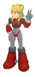  1girl :d aged_up android antennae armor armored_boots arms_up bikini_armor black_gorget blonde_hair bodysuit bodysuit_under_armor boots breast_missiles breastplate breasts clenched_hands covered_navel cowboy_shot earphones full_body gorget green_eyes green_ribbon grey_bodysuit groin hair_between_eyes hair_ribbon hairband hand_on_own_hip hand_up headphones high_ponytail highres hyper_roll_(marvel_vs._capcom) joints knee_boots knee_guards knee_pads large_breasts long_hair looking_at_viewer marvel_vs._capcom marvel_vs._capcom_2 mechanical_arms mechanical_boots mechanical_legs mega_man_(classic) mega_man_(series) megaalinep metal_gloves ponytail radio_antenna red_armor ribbon robot robot_girl robot_joints roll_(mega_man) sadbunny15 shoulder_armor sidelocks simple_background smile solo standing transparent_background v 