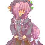  alternate_color black_legwear blush bow embarrassed hair_bow hat huei_nazuki long_hair pantyhose patchouli_knowledge purple_eyes purple_hair robe skirt skirt_lift solo touhou very_long_hair wavy_mouth 