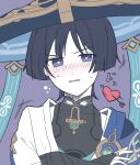 1boy aqua_gem black_bodysuit black_hair blue_cape blue_hat blue_jingasa blue_kimono blunt_ends blush bodysuit bright_pupils cape choppy_bangs commentary covered_collarbone crossed_arms embarrassed eyeliner fingernails furrowed_brow gem genshin_impact gold gold_ring hand_on_own_arm hat highres japanese_clothes jingasa juban kamin00411 kimono looking_at_viewer makeup male_focus mandarin_collar middle_ring open_clothes open_kimono open_mouth portrait purple_background purple_eyes red_eyeliner scaramouche_(genshin_impact) shoulder_peek side_cape solo straight-on sweat tsurime untranslatable_commentary vision_(genshin_impact) wanderer_(genshin_impact) white_kimono white_pupils white_sleeves 