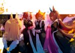  4girls admire_vega_(umamusume) alternate_costume animal_ears annoyed apron black_dress blonde_hair breasts brown_hair cape carrying_clothes closed_eyes collared_dress commentary crown dress ear_covers english_commentary flat_chest hair_between_eyes highres horse_ears horse_girl horse_tail large_breasts lifting_own_clothes long_hair long_sleeves looking_at_another maid maid_apron meisho_doto_(umamusume) mini_crown multicolored_hair multiple_girls narita_top_road_(umamusume) notice_lines orange_hair outdoors pink_cape pink_crown ponytail puff_of_air puffy_sleeves ribbon s0jusag1 short_hair single_ear_cover star_(symbol) streaked_hair t.m._opera_o_(o_sole_suo!)_(umamusume) t.m._opera_o_(umamusume) tail umamusume umamusume:_road_to_the_top 