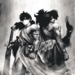  2boys arm_at_side armlet armor belt belt_buckle big_hair bracelet breastplate buckle chain character_request clenched_hand closed_mouth commentary_request covered_eyes cowboy_shot dragon_quest dragon_quest_v facial_hair facing_to_the_side fantasy fingernails fur-trimmed_skirt fur_trim hair_over_eyes hero_(dq5) highres holding holding_sword holding_weapon jewelry jun_(navigavi) light_particles long_hair looking_to_the_side male_focus mature_male monochrome multiple_boys muscular muscular_male mustache nose papas ponytail scabbard sheath sheathed single_bare_shoulder skirt sword tunic waist_bag weapon 