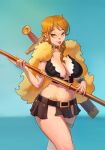  1girl absurdres artist_name bangle belly belt belt_buckle blue_sky blurry blurry_background bracelet braid breast_press breasts brown_eyes brown_loincloth buckle capelet choker cleavage clima-tact closed_mouth commentary crop_top earrings eyelashes feet_out_of_frame fur_capelet half_up_braid highres holding holding_staff horizon jewelry large_breasts lips log_pose loincloth long_hair looking_at_viewer midriff nami_(one_piece) navel ocean official_alternate_costume official_alternate_hairstyle one_piece orange_hair outdoors pearl_earrings red_lips single_braided_sidelock sky solo staff standing supark105 sword sword_on_back thigh_strap thighs weapon weapon_on_back yellow_capelet 