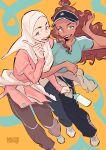  2girls abstract_background absurdres aqua_background aqua_shirt artist_name black_hat black_pants bottle brown_eyes brown_hair brown_pants commentary dark-skinned_female dark_skin english_commentary hana_(winchestermegg) hat highres hijab long_hair looking_at_viewer mera_(winchestermegg) multiple_girls orange_background original pants pink_shirt shirt shoes short_sleeves teeth two-tone_background upper_teeth_only visor_cap water_bottle white_hijab white_shoes winchestermegg 