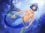  aqua_eyes bad_id bad_pixiv_id belt black_nails blue blue_background blue_hair bracelet breasts copyright_request fins head_fins jewelry light_smile lips looking_up medium_breasts mermaid monster_girl nail_polish navel nipples nude pendant scales short_hair smile solo swimming underwater water wide_hips youichi 