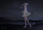  1girl artist_name bare_arms bare_legs bare_shoulders beach bendy_straw blue_eyes bracelet brown_hair brown_hat closed_mouth commentary_request cup dress drink drinking_straw frilled_dress frills from_side full_body hair_ornament hand_up hat highres holding holding_cup horizon jewelry long_hair looking_to_the_side low_ponytail night ocean original outdoors ponytail profile sand sandals short_dress sky sleeveless sleeveless_dress snowflake_hair_ornament sola0316 solo standing star_(sky) starry_sky straw_hat sundress tucking_hair very_long_hair walking water watermark white_dress 