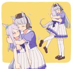 +++ 2girls ^_^ animal_ears bow bowtie brown_hat brown_shoes chinese_commentary closed_eyes closed_mouth coldcat. commentary ear_bow gold_ship_(umamusume) green_bow grin hat highres horse_ears horse_girl horse_tail hug lifting_person long_hair mary_janes mejiro_mcqueen_(umamusume) multiple_girls multiple_views open_mouth pleated_skirt puffy_short_sleeves puffy_sleeves purple_bow purple_bowtie purple_eyes purple_hair purple_shirt school_uniform shirt shoes short_sleeves skirt smile standing summer_uniform tail thighhighs tracen_school_uniform umamusume white_skirt white_thighhighs yellow_bow 