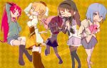  5girls akemi_homura akemi_homura_(magical_girl) black-framed_eyewear black_hair black_pantyhose black_skirt blonde_hair blue_eyes blue_hair blue_hoodie blue_shorts bow bowtie brown_thighhighs checkered_background closed_eyes closed_mouth commentary_request corset denim denim_shorts detached_sleeves drill_hair food food_in_mouth full_body fur-trimmed_shorts fur_trim glasses hair_ribbon hand_in_own_hair hood hoodie juliet_sleeves kaname_madoka long_hair long_sleeves looking_afar looking_at_viewer magical_girl mahou_shoujo_madoka_magica mahou_shoujo_madoka_magica_(anime) miki_sayaka mitakihara_school_uniform multiple_girls open_mouth pantyhose pink_bow pink_bowtie pink_eyes pink_hair pleated_skirt pocky pocky_in_mouth ponytail puffy_sleeves red_eyes red_hair ribbon sakura_kyoko school_uniform shirt short_hair short_twintails shorts skirt smile sweater tcmk thighhighs tomoe_mami tomoe_mami_(magical_girl) twin_drills twintails white_shirt yellow_background yellow_skirt yellow_sweater 