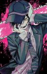  1boy absurdres black_hair black_hat black_jacket black_necktie blood blood_on_clothes blood_on_face buttons commentary danganronpa_(series) danganronpa_v3:_killing_harmony diagonal-striped_clothes diagonal-striped_necktie english_commentary ff9900 film_grain hand_on_headwear hand_on_own_cheek hand_on_own_face hat highres jacket lapels long_sleeves making-of_available male_focus necktie notched_lapels open_clothes open_jacket open_mouth saihara_shuichi shirt smile solo star_(symbol) striped_clothes striped_necktie tsurime upper_body white_shirt wing_collar yellow_eyes 
